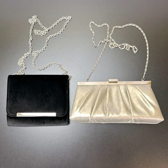 Gunne Sax Evening Purses Bundle Black Velvet and Pleated Silver Lamay Clutch Bag